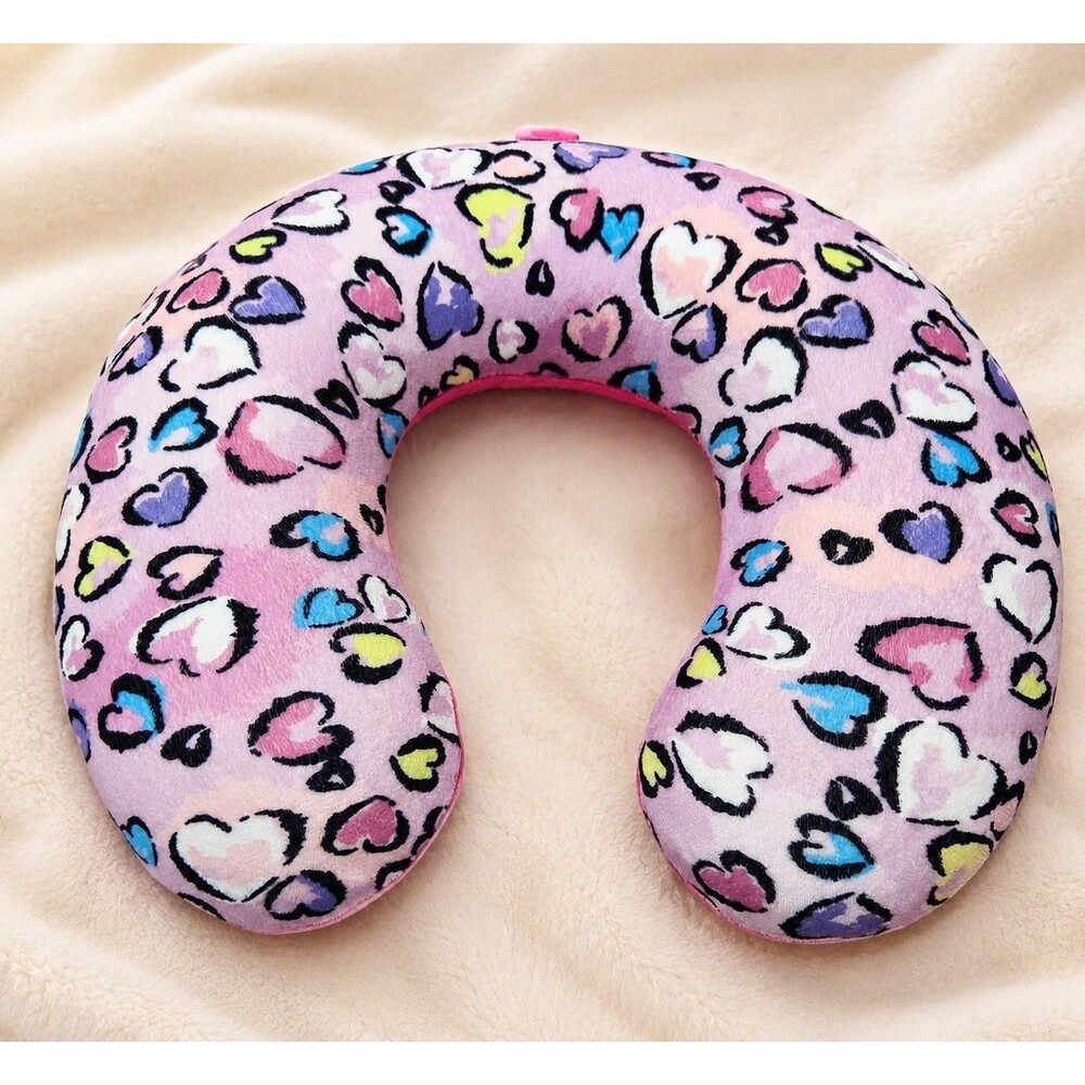Viggio Pink U-Shaped Memory Foam Neck Travel Pillow, Multicolor Heart Print-Kids